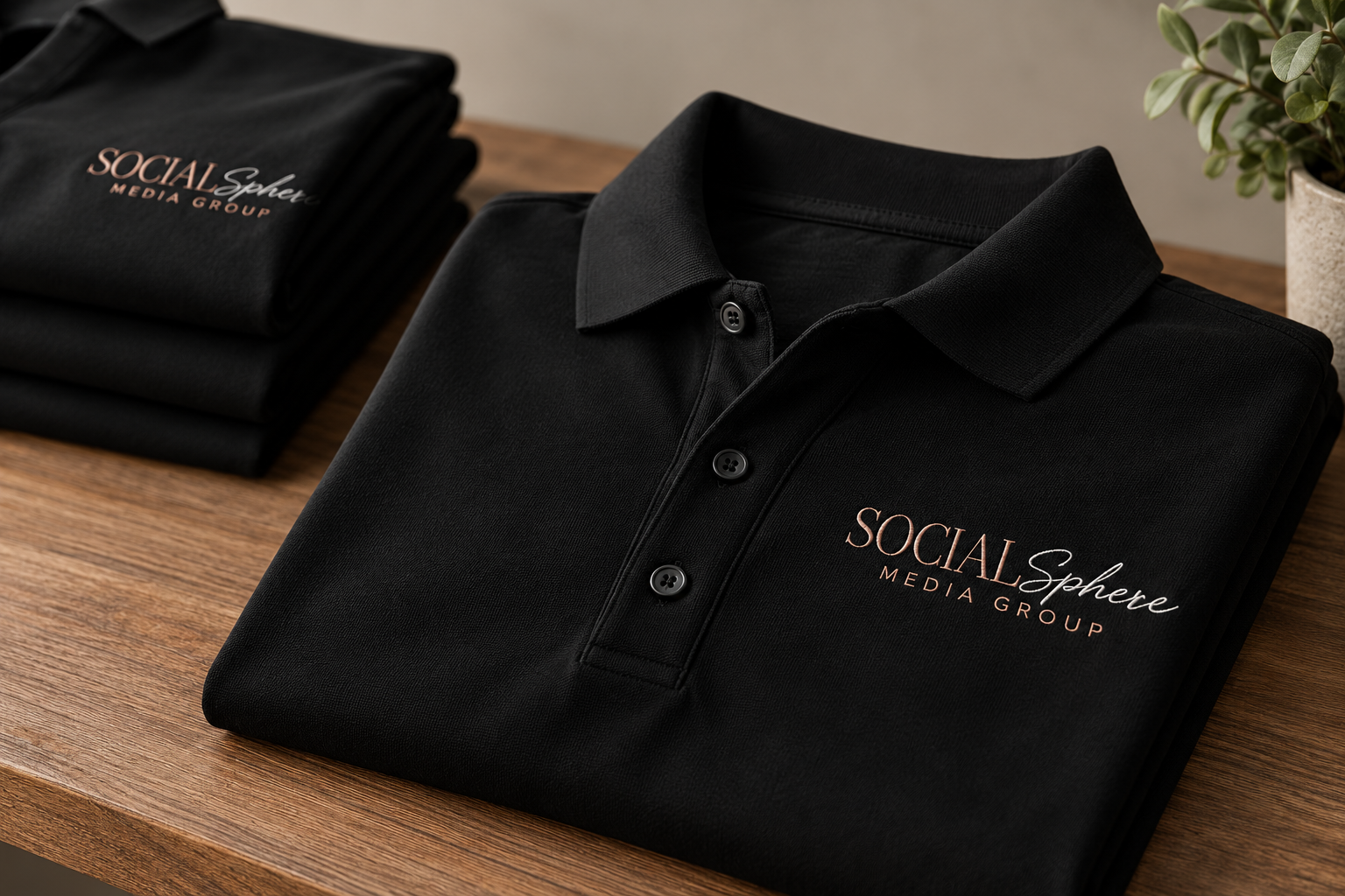 Black and white t-shirts printed with the Social Sphere logo