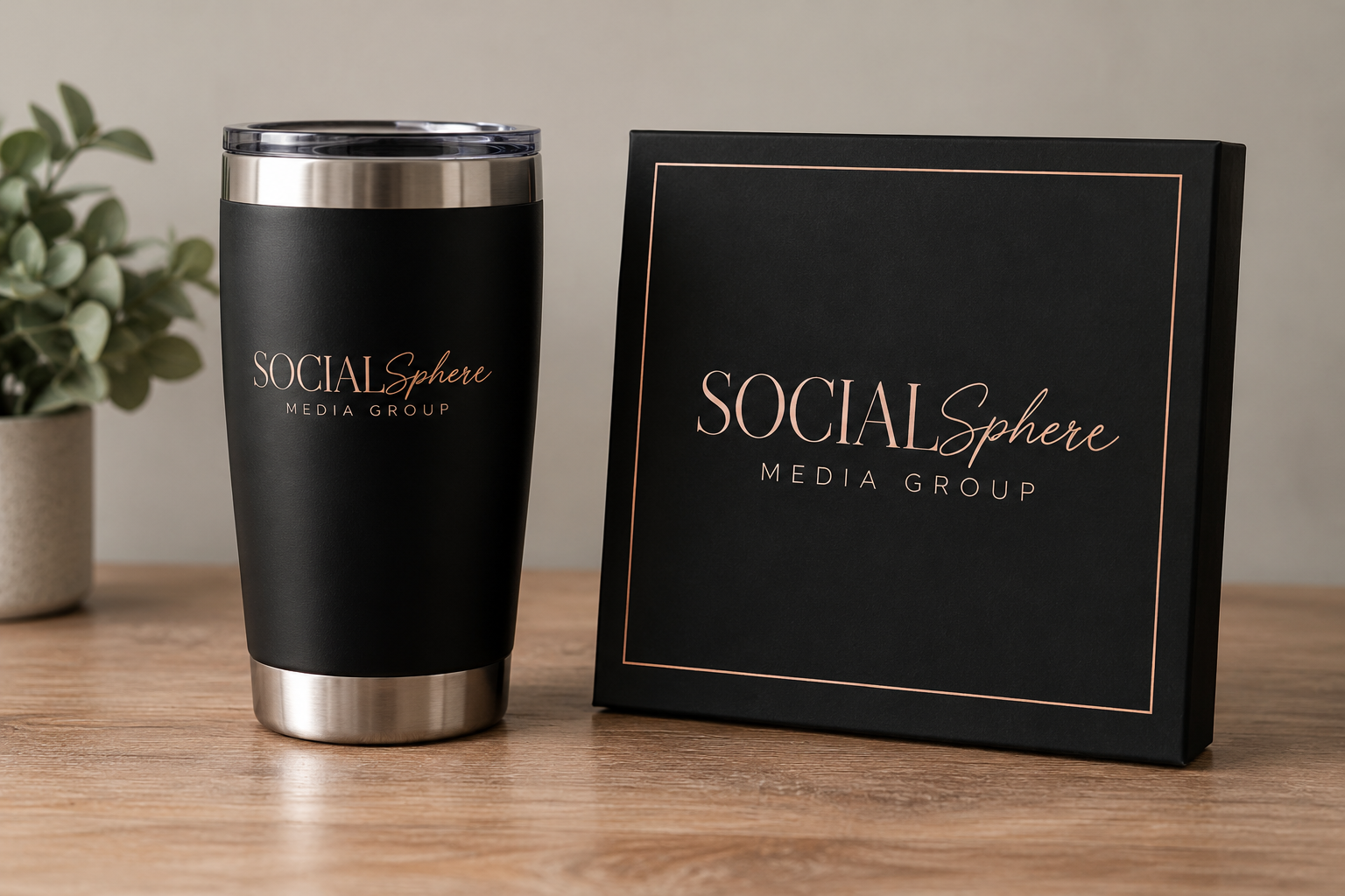 Black and white tumblers with straws, printed with the Social Sphere logo